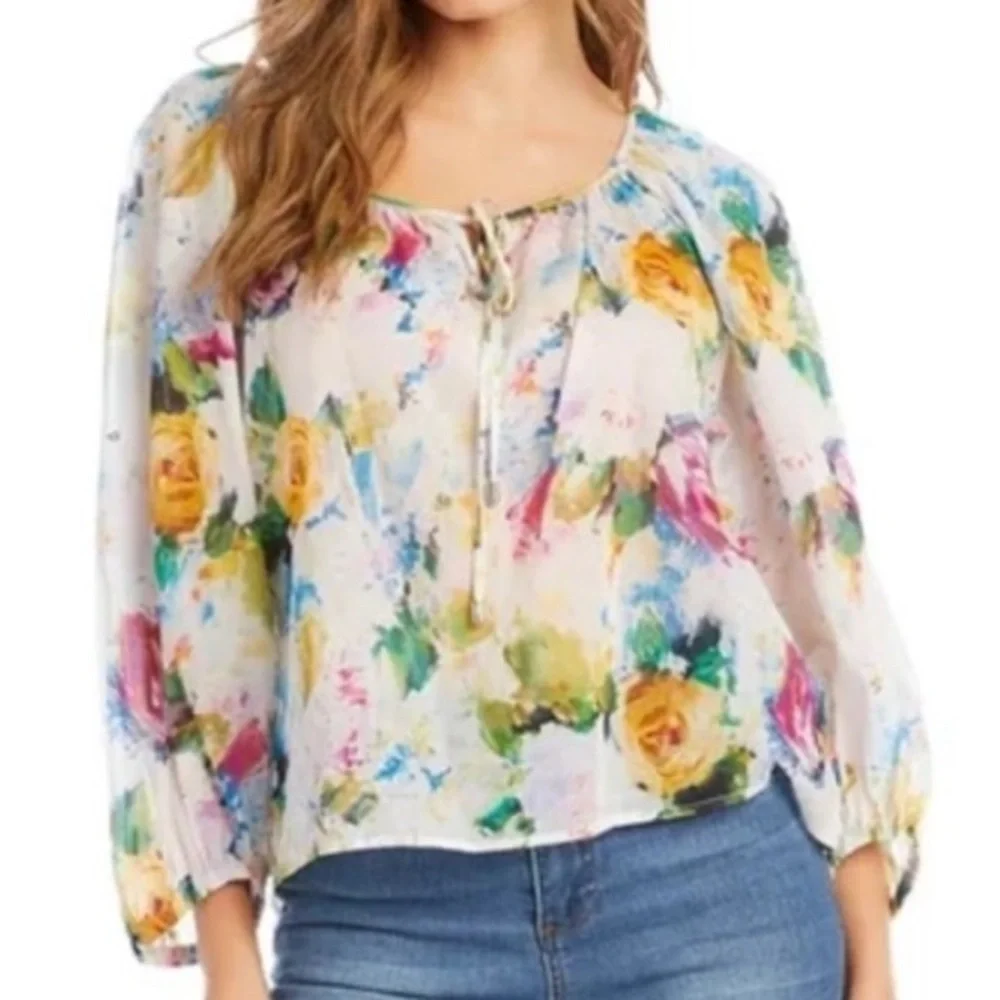 NWT Karen Kane Bright & Beachy Peasant Top White Floral Petite Small